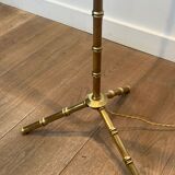 Pair of parquet floor lamps in faux-bamboo style in bronze and brass by Jacques Adnet.
