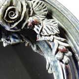 Round wall mirror in blue stoneware La Borne Catido floral decoration 1960 - Accidents