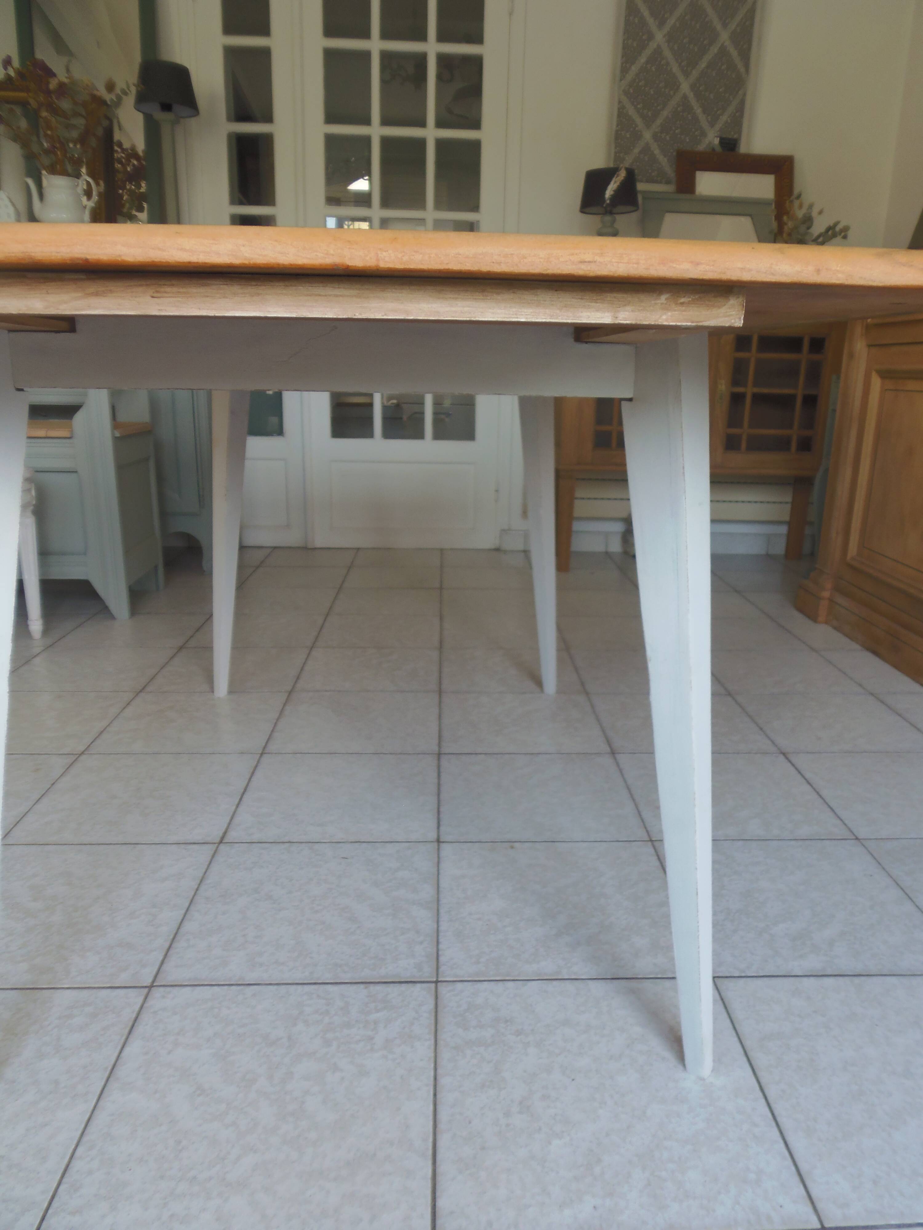 Vintage belt table and pearl gray compass base, wooden top