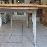 Vintage belt table and pearl gray compass base, wooden top