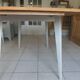Vintage belt table and pearl gray compass base, wooden top