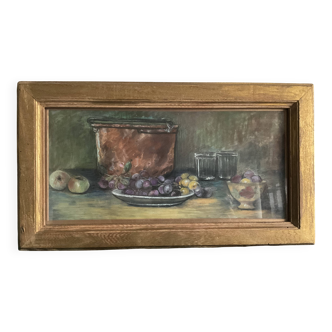 Still life painting with fruit and jam jars