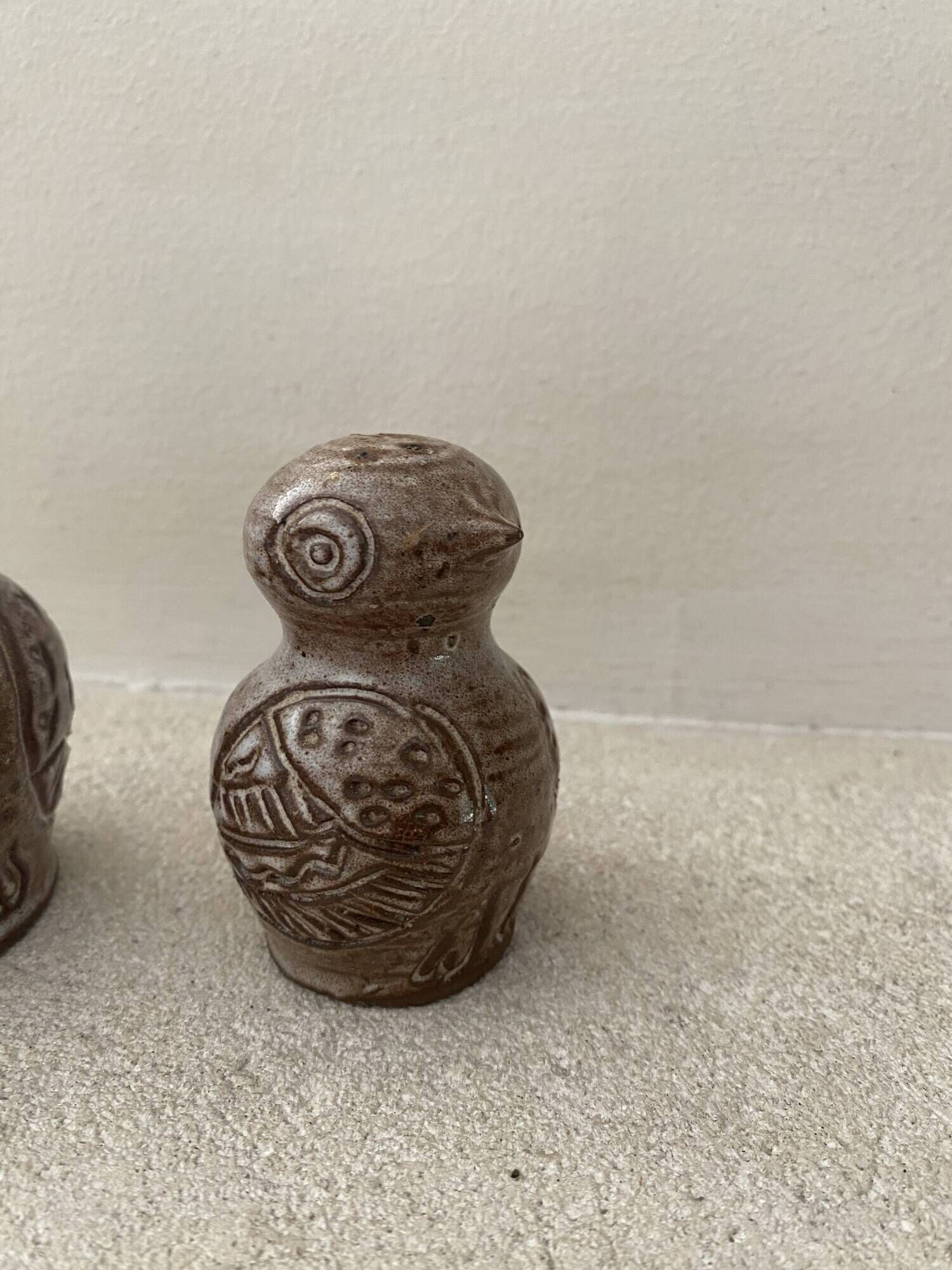 Stoneware owl salt and pepper shakers by Jeanne and Norbert Pierlot