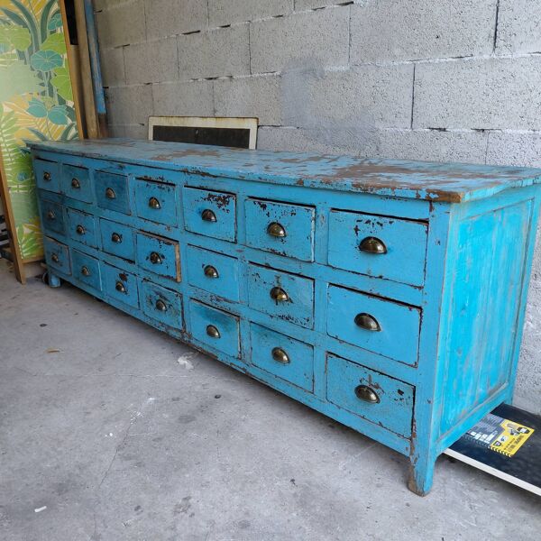Meuble indien vintage en bois exotique, 21 tiroirs