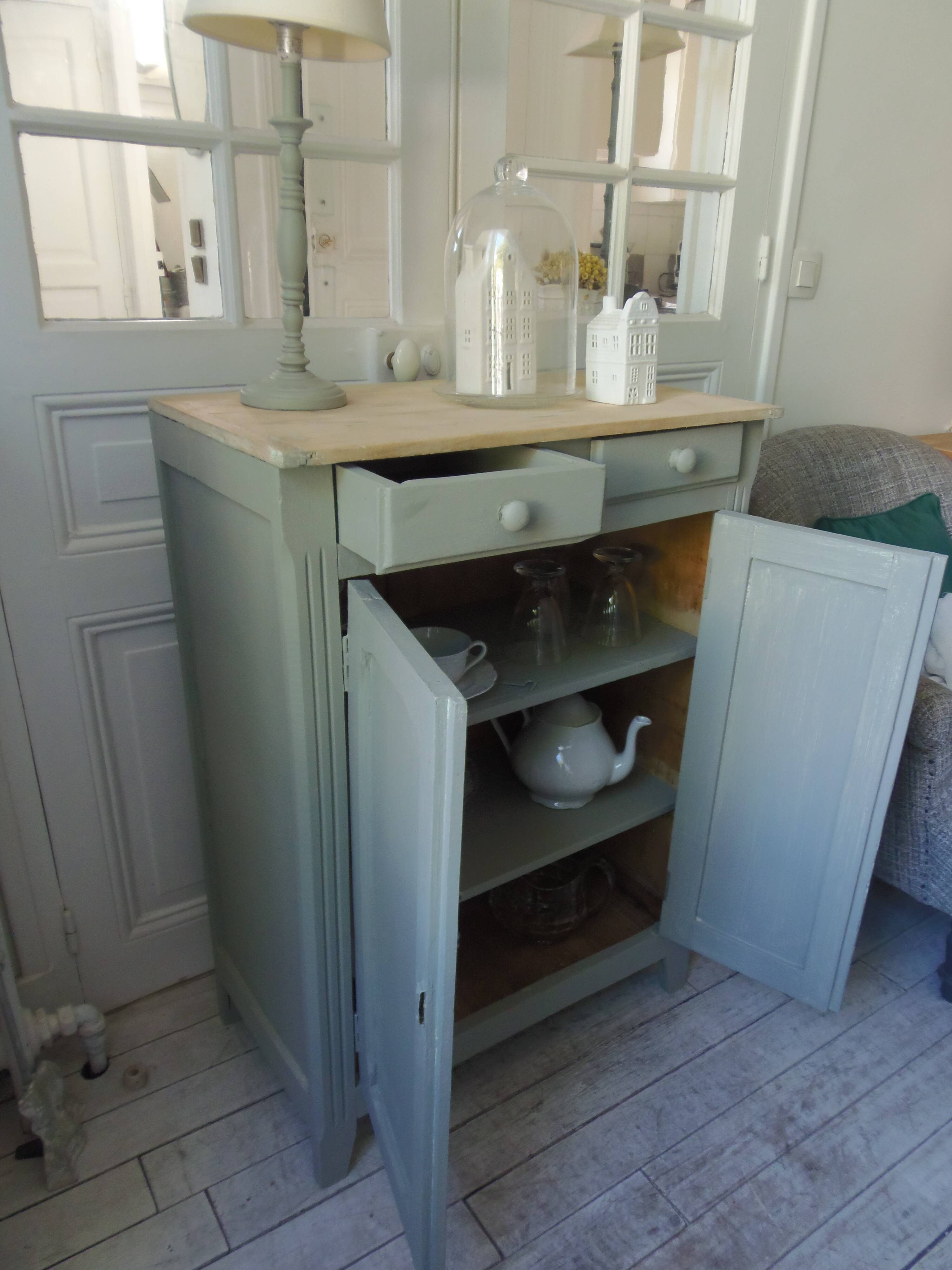 Small vintage Parisian sideboard with 2 doors and 2 drawers, enhanced in verdigris