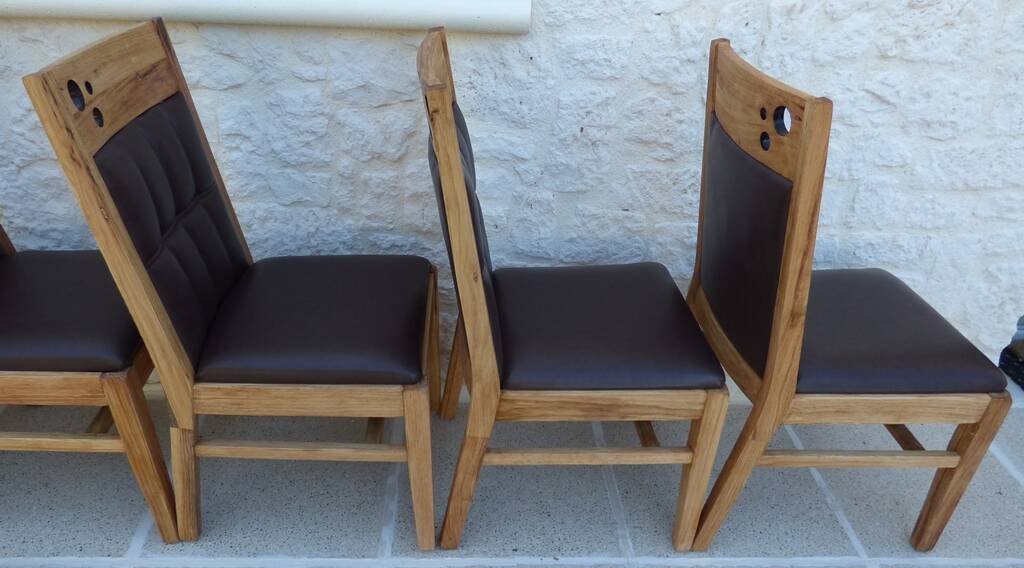 6 High-back chairs in high-quality, plush solid wood with brown faux leather