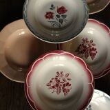 6 mismatched soup plates Digoin Sarreguemines red blue pink