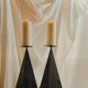 Pair of pyramid-shaped candlesticks in blackened metal (brutalism)