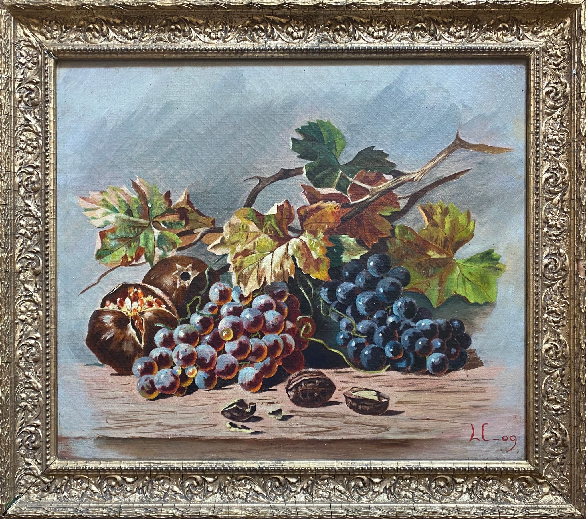 Tableau 1909 "Nature morte aux noix et raisins" Monogramme et cadre