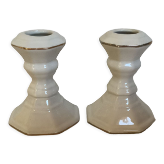 Pair of octagonal white candle holders