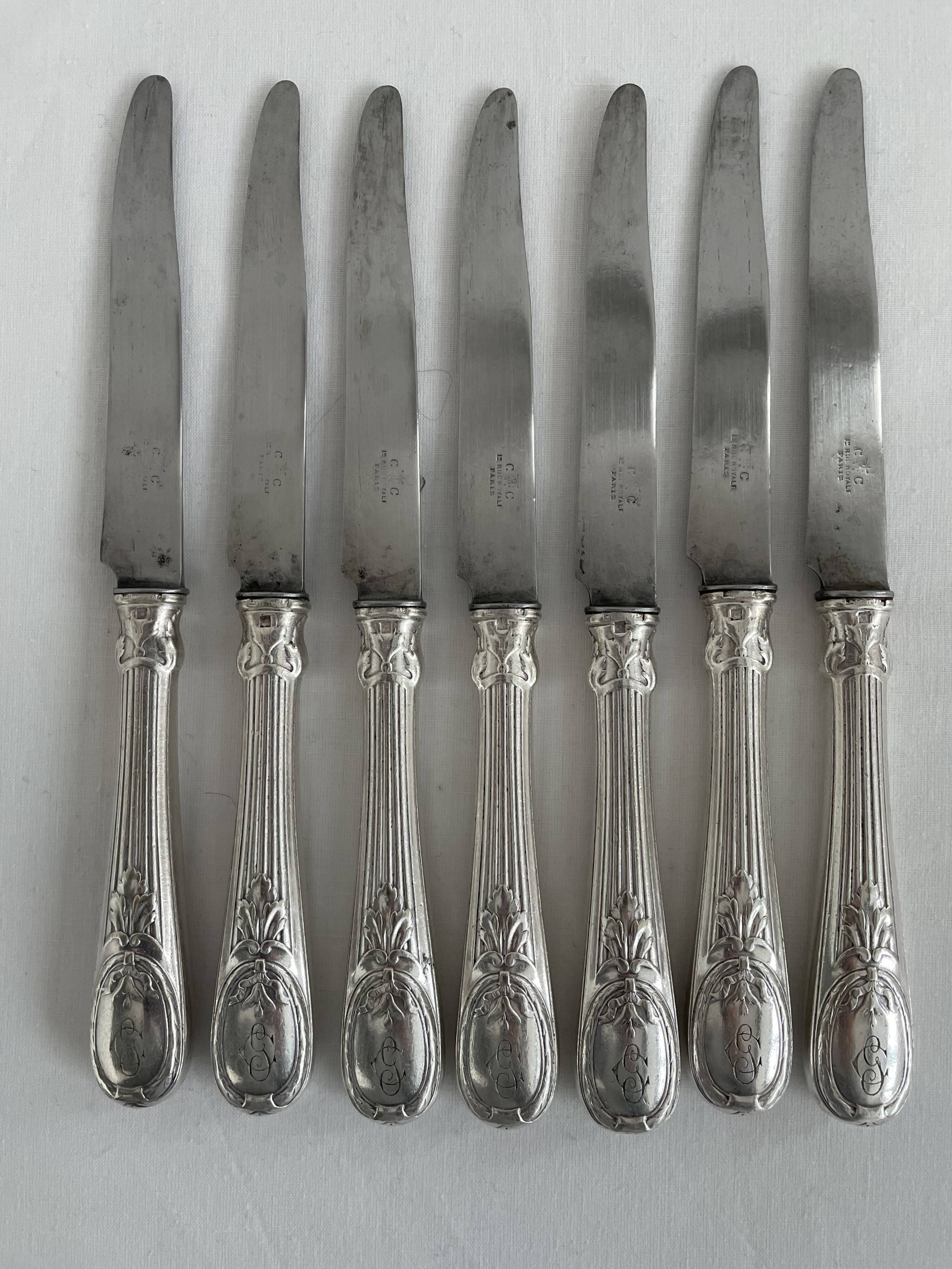 Knife set, Charles Christofle, silver plated metal, Art Nouveau, plant decoration, cheese, large