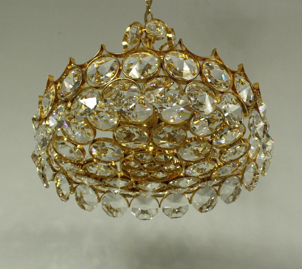 1970s Palwa Chandelier, gold plate and faceted crystals