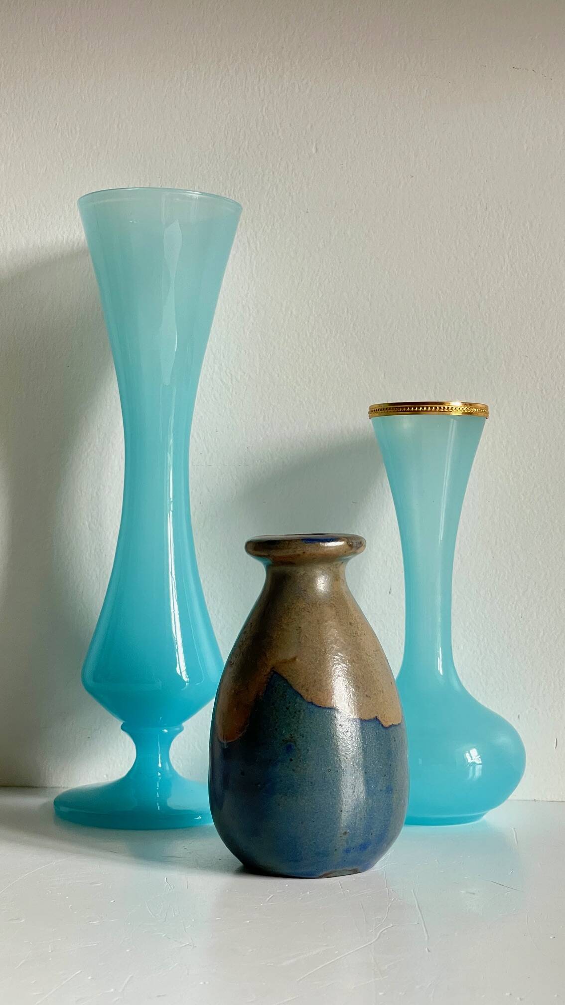 3 VASES Bleu Océan Grès et Verre OPALIN Vintage