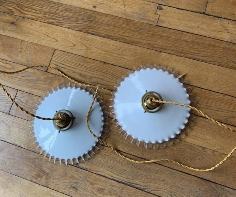 Old pairs of vintage white opaline pendant lights