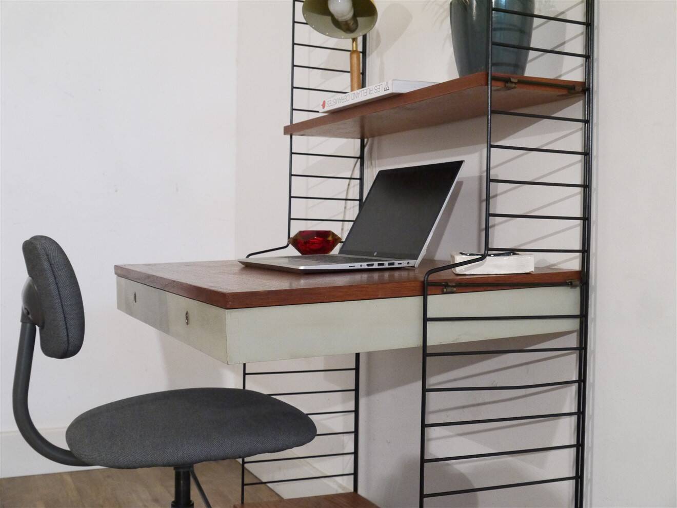 Teak wall-mounted shelf/desk, string design 1960