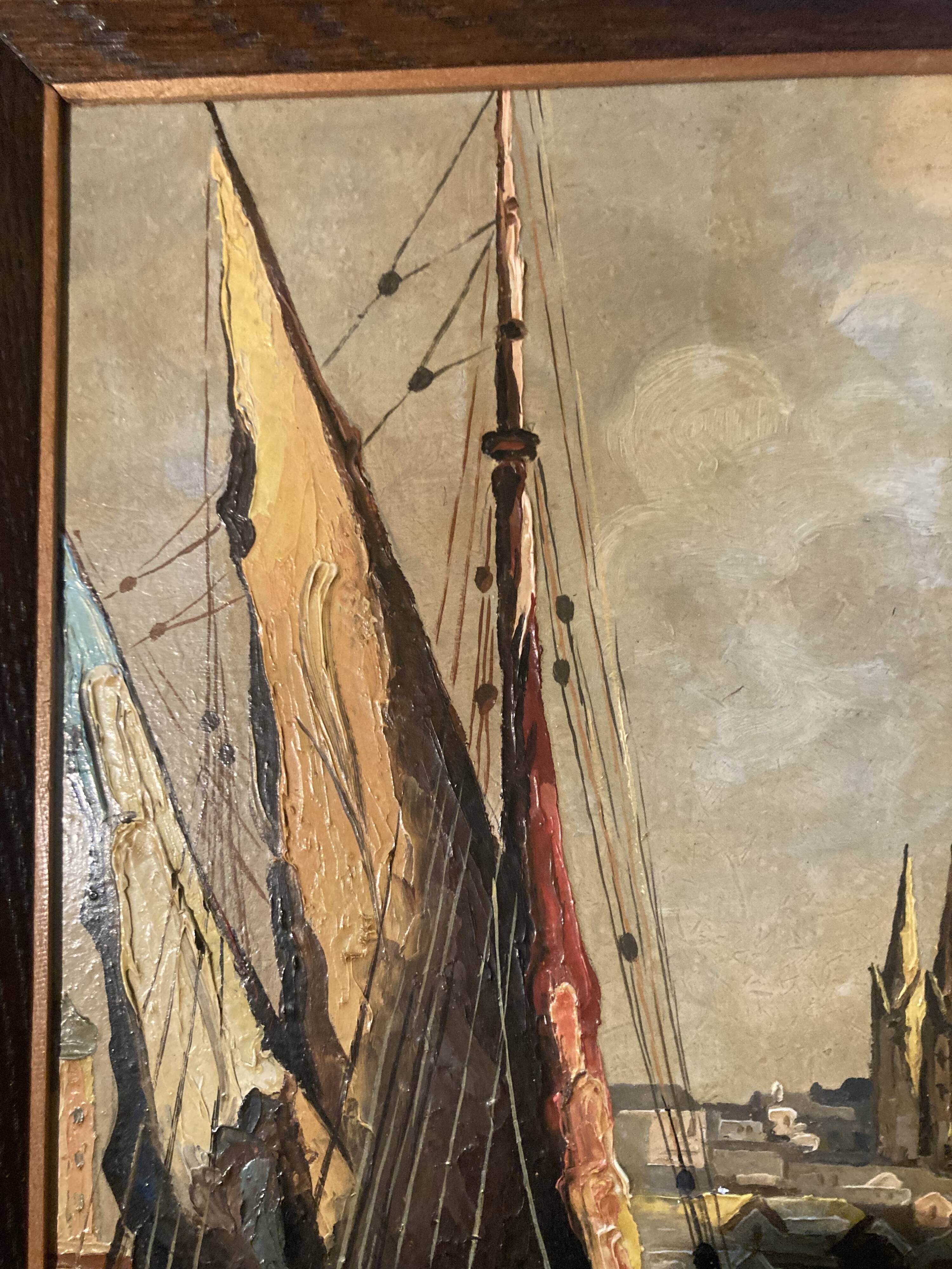 framed signed oil painting of Quimper on the Odet, regionalist, Brittany tableau