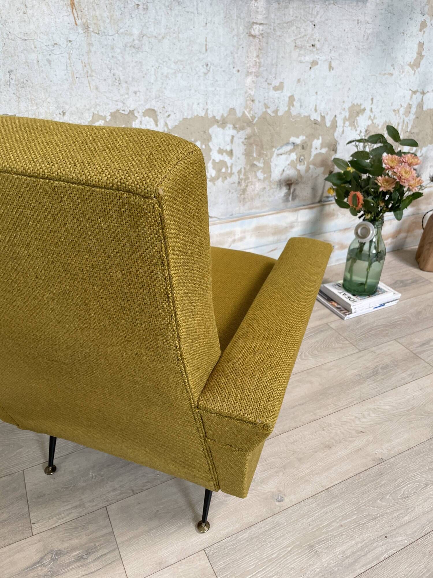 Vintage armchair in fabric and metal compass legs, circa 1950.