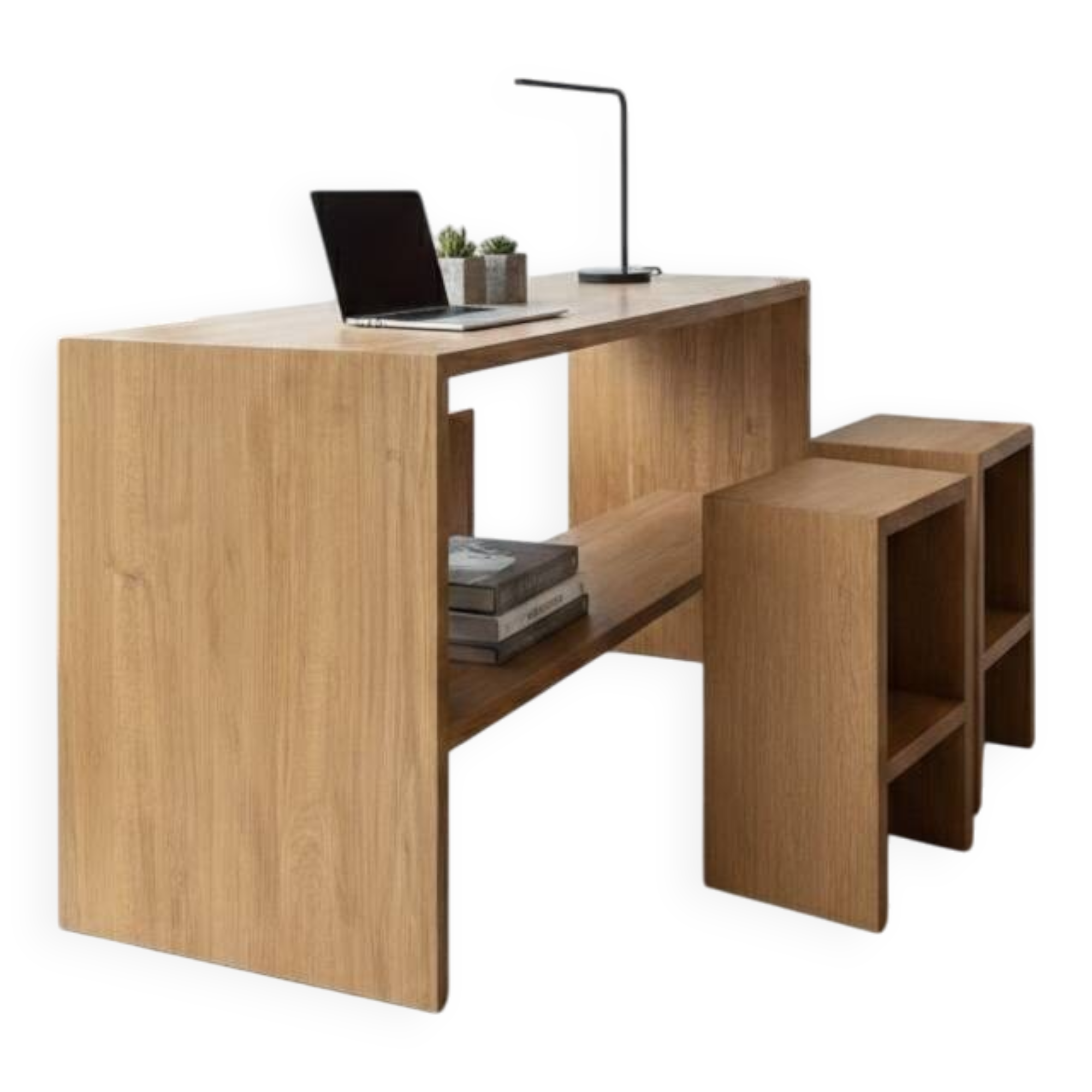Office set, console and 2 stools in solid oak.