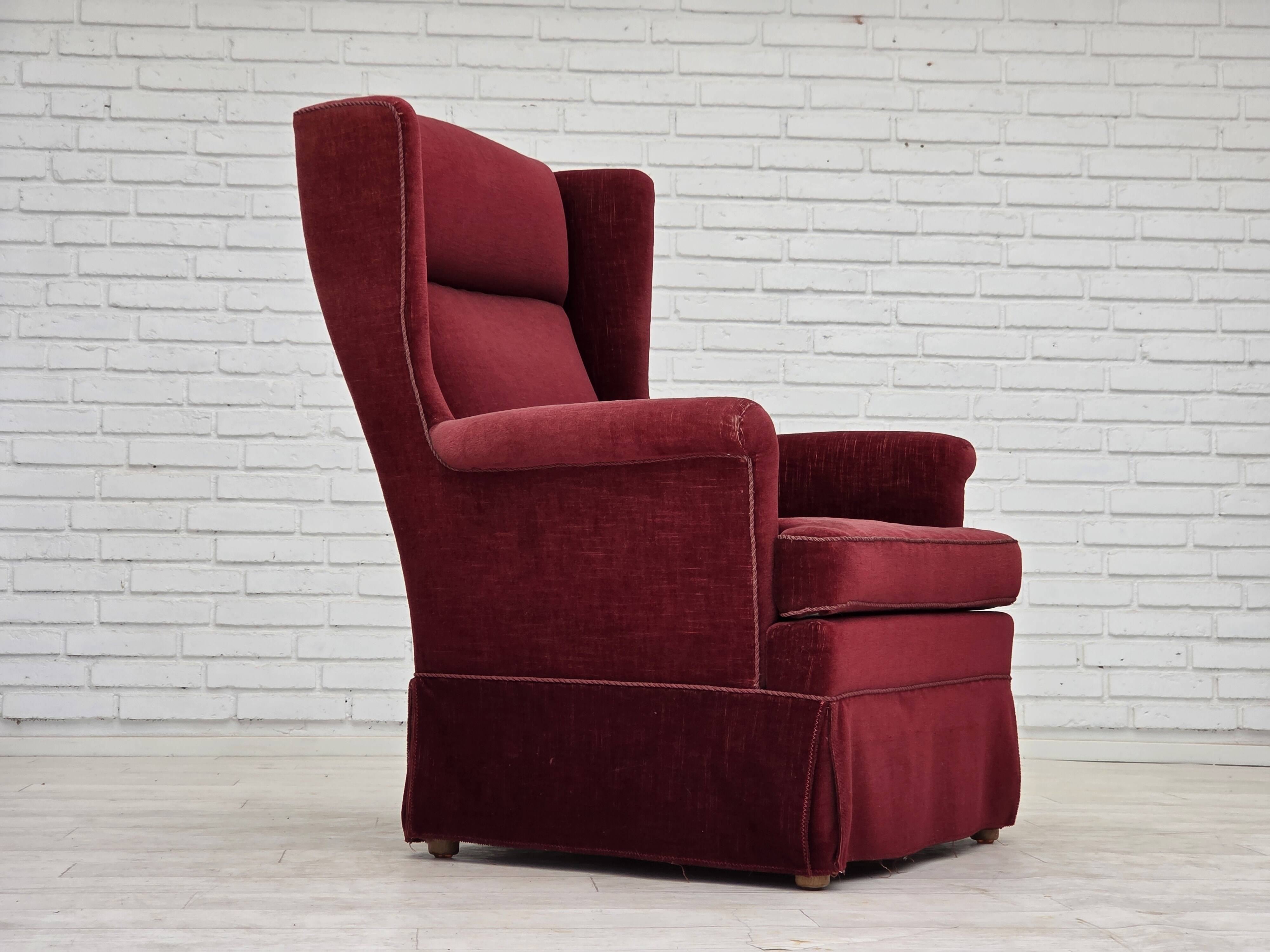 1970s, Danish highback chair, cherry-red furniture velour, ash wood legs.