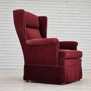 1970s, Danish highback chair, cherry-red furniture velour, ash wood legs.