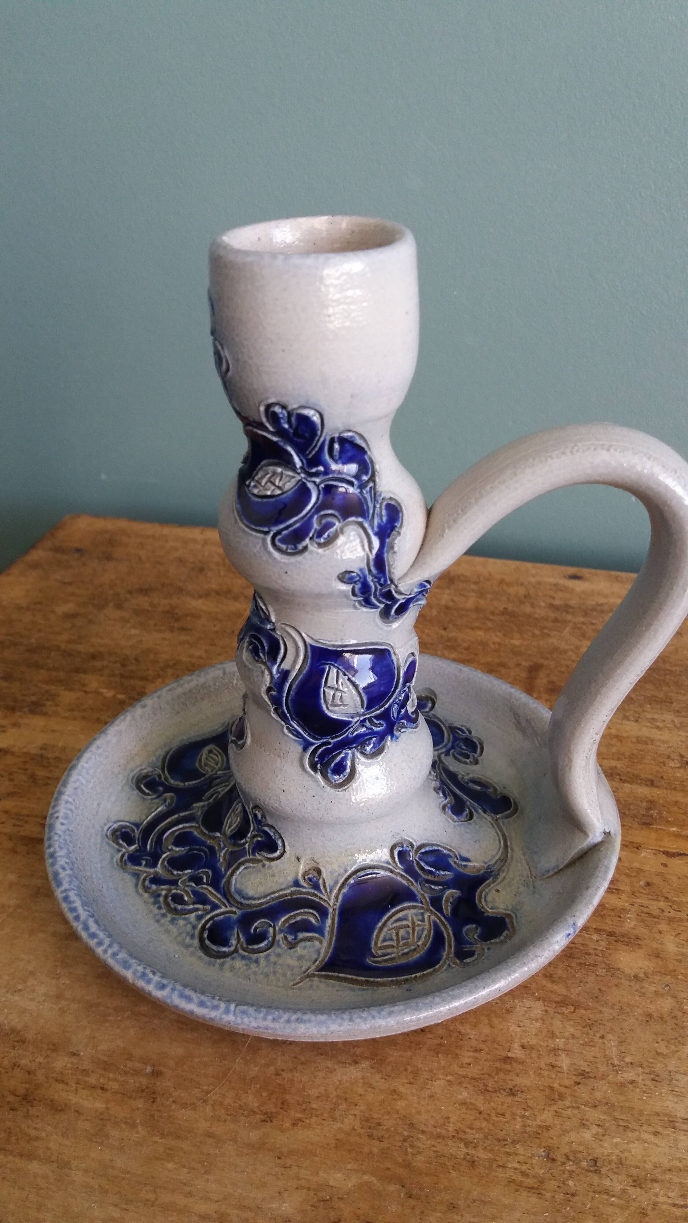 Salt-glazed stoneware candlestick signed Krumeich Hubert, Betschdorf, Alsace
