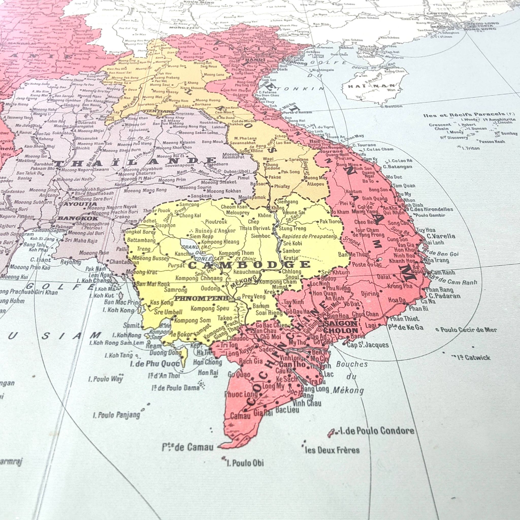 Old map of Indochina Asia 43x43cm from 1950