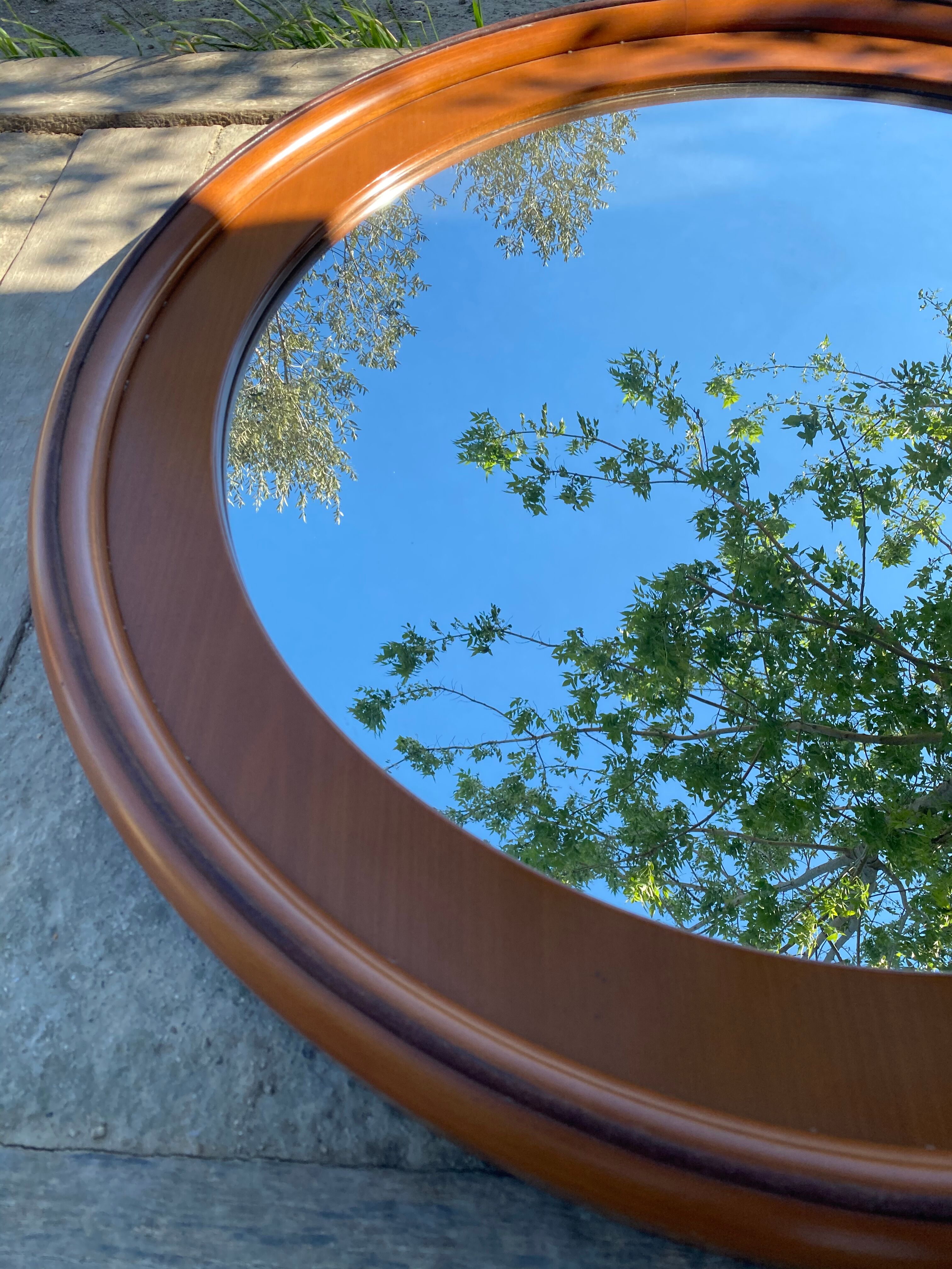 1970 wood and leather 86cm round mirror design