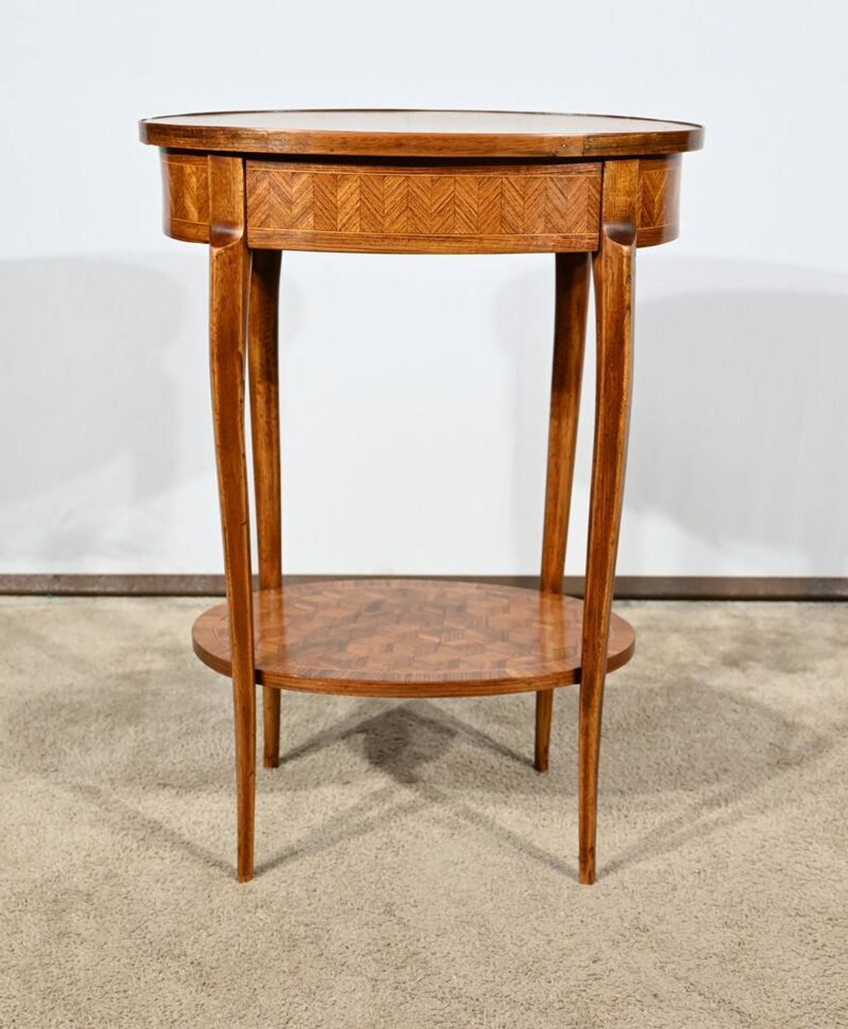 Small Marquetry Living Room Table, Louis XV / Louis XVI Transition style – 1920