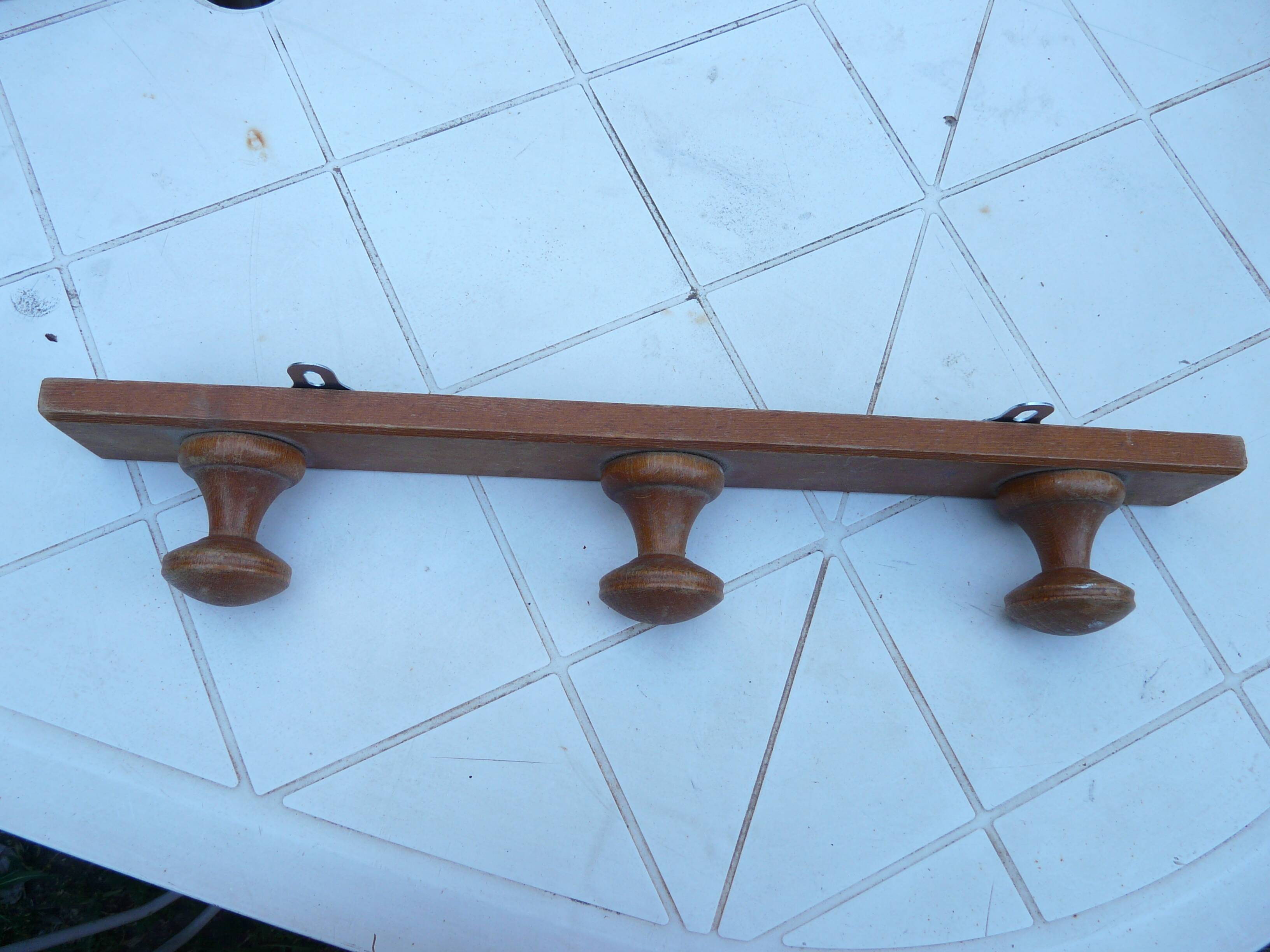 Wall mounted pine coat rack with 3 vintage hooks