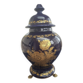 Cobalt blue porcelain bonbonnière with gold decoration on feet.