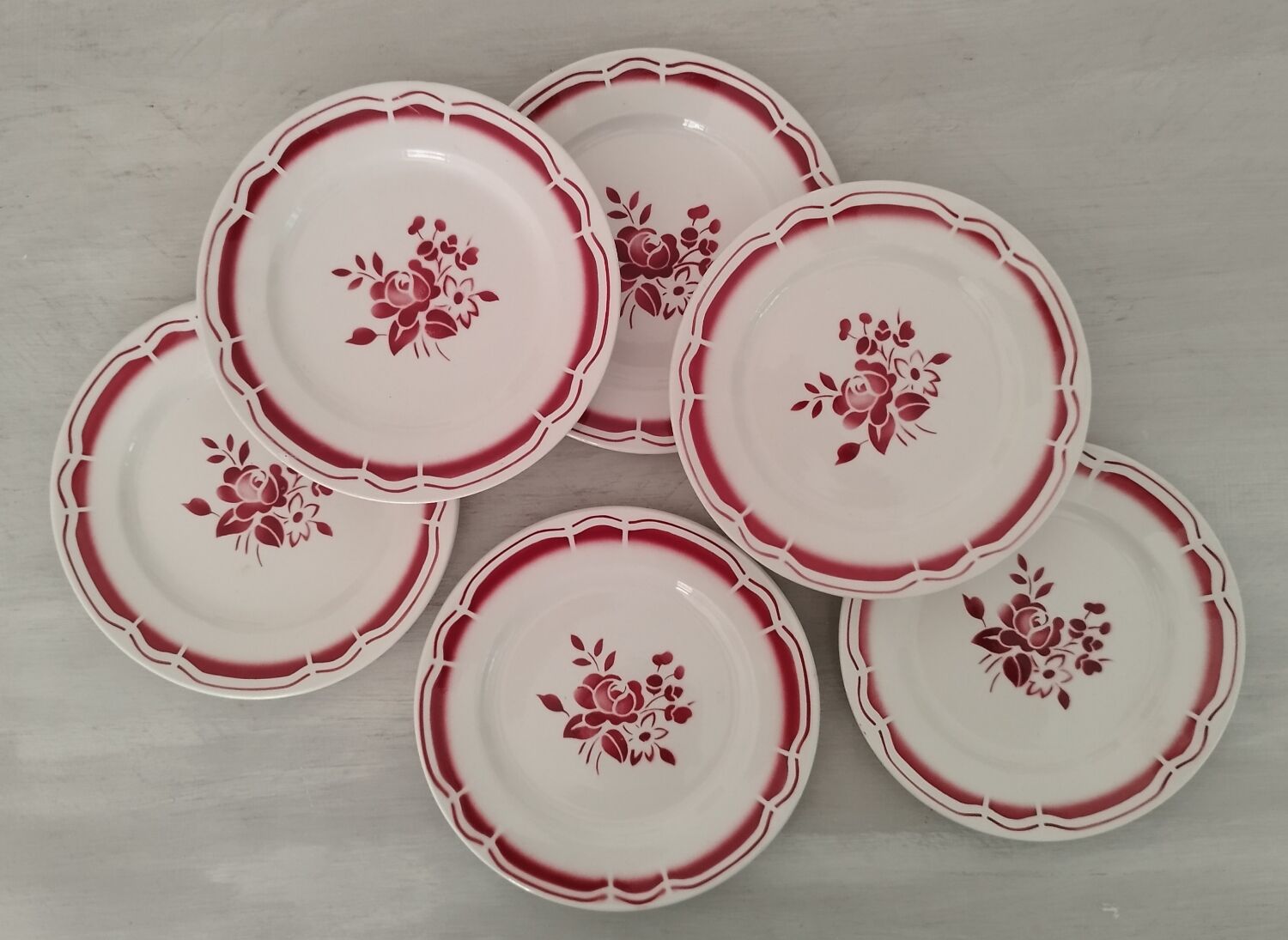Service cake pie flat plates porcelain opaque badonviller rose bordeaux vintage