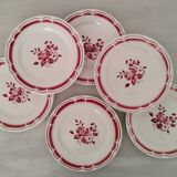 Service cake pie flat plates porcelain opaque badonviller rose bordeaux vintage