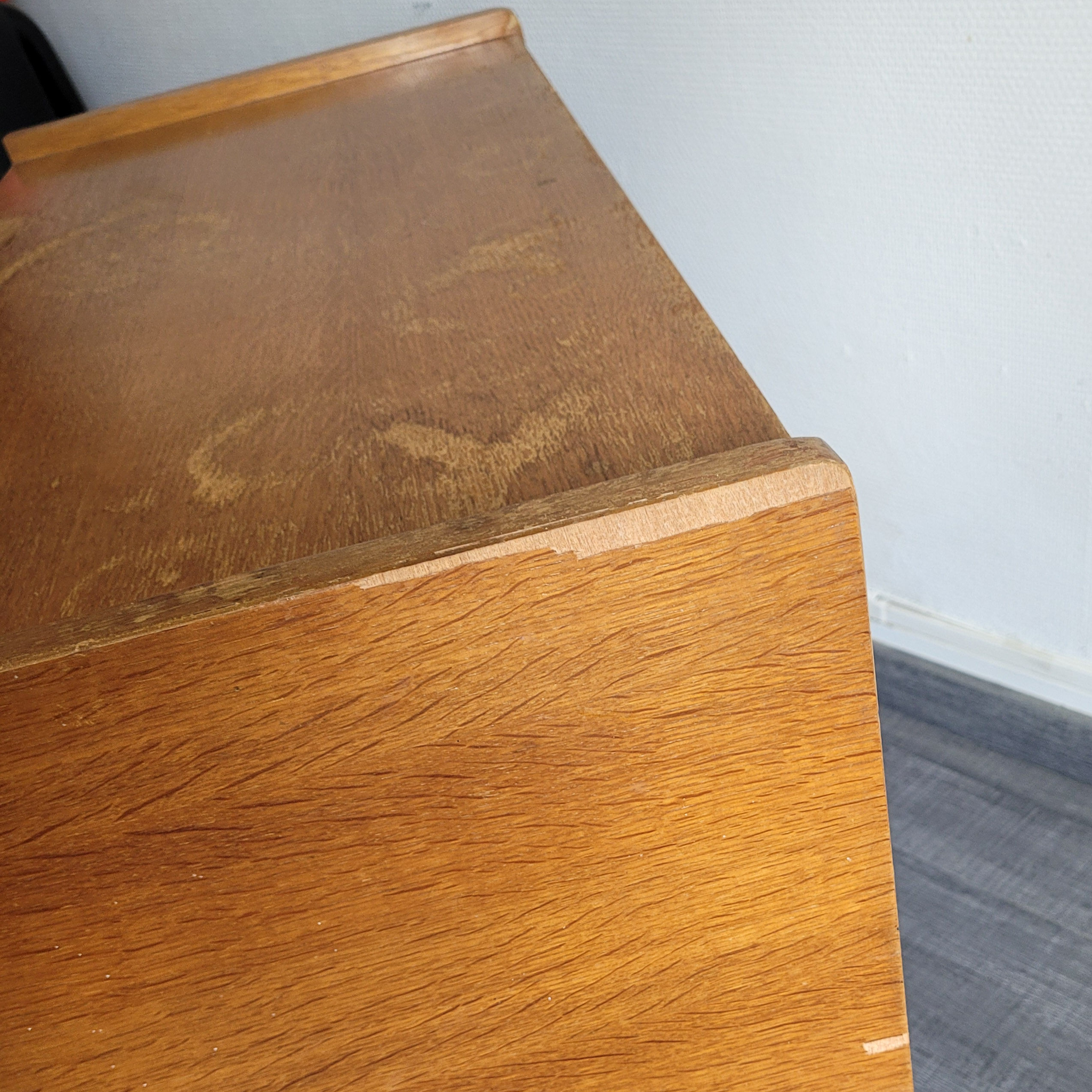 Wooden chest of drawers and vintage rattan