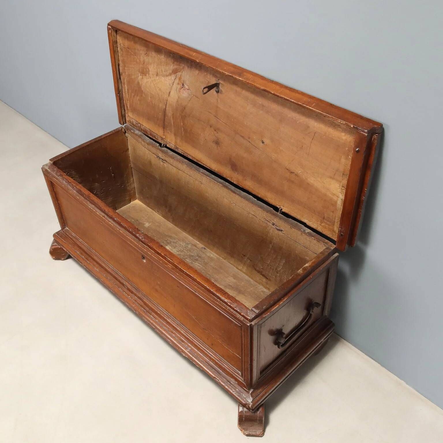 Antique walnut chest with wrought iron handles, Italy, 18th century.