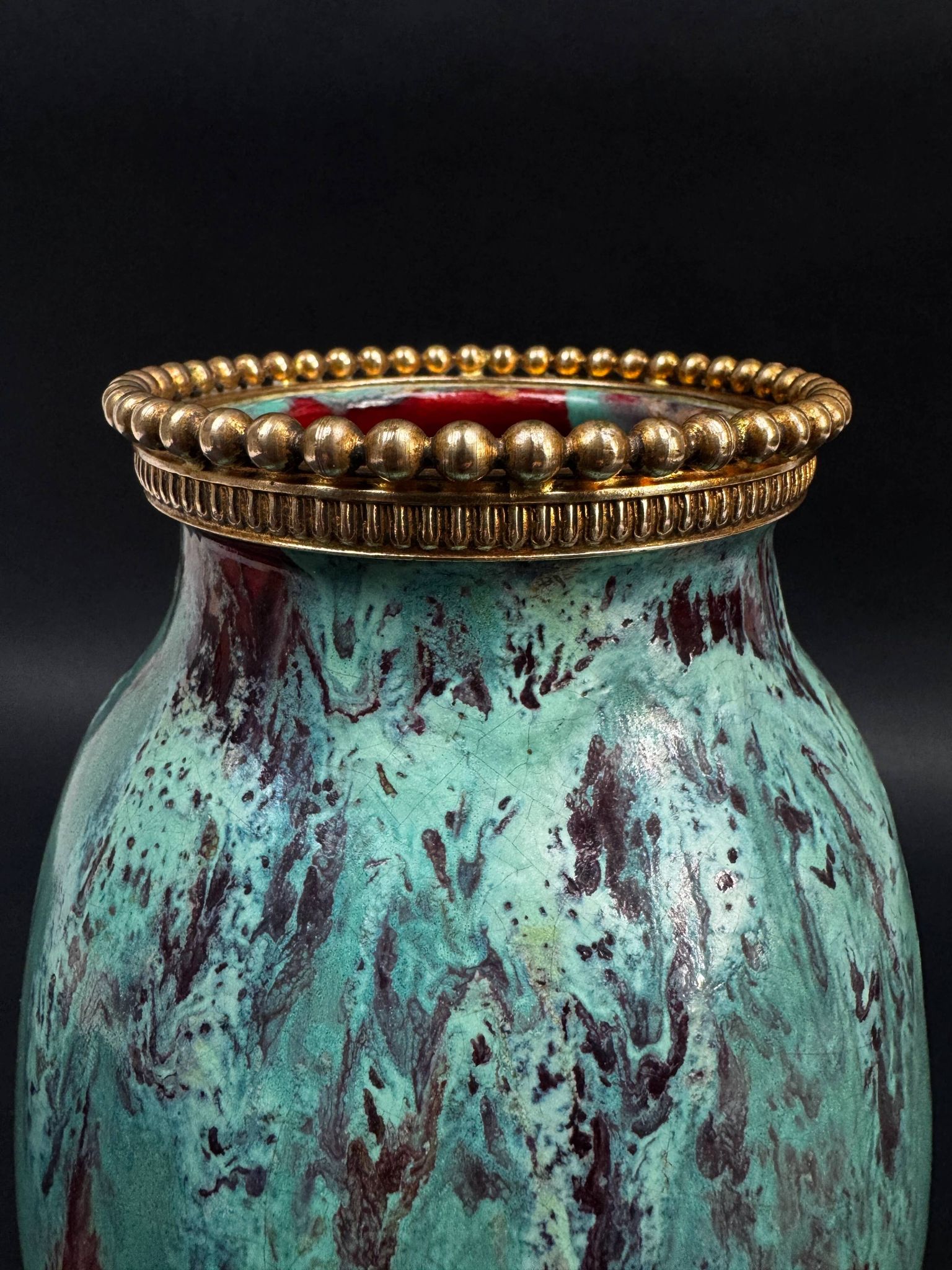 Vase CAB (Ceramics of Art from Bordeaux), turquoise green and red glaze.