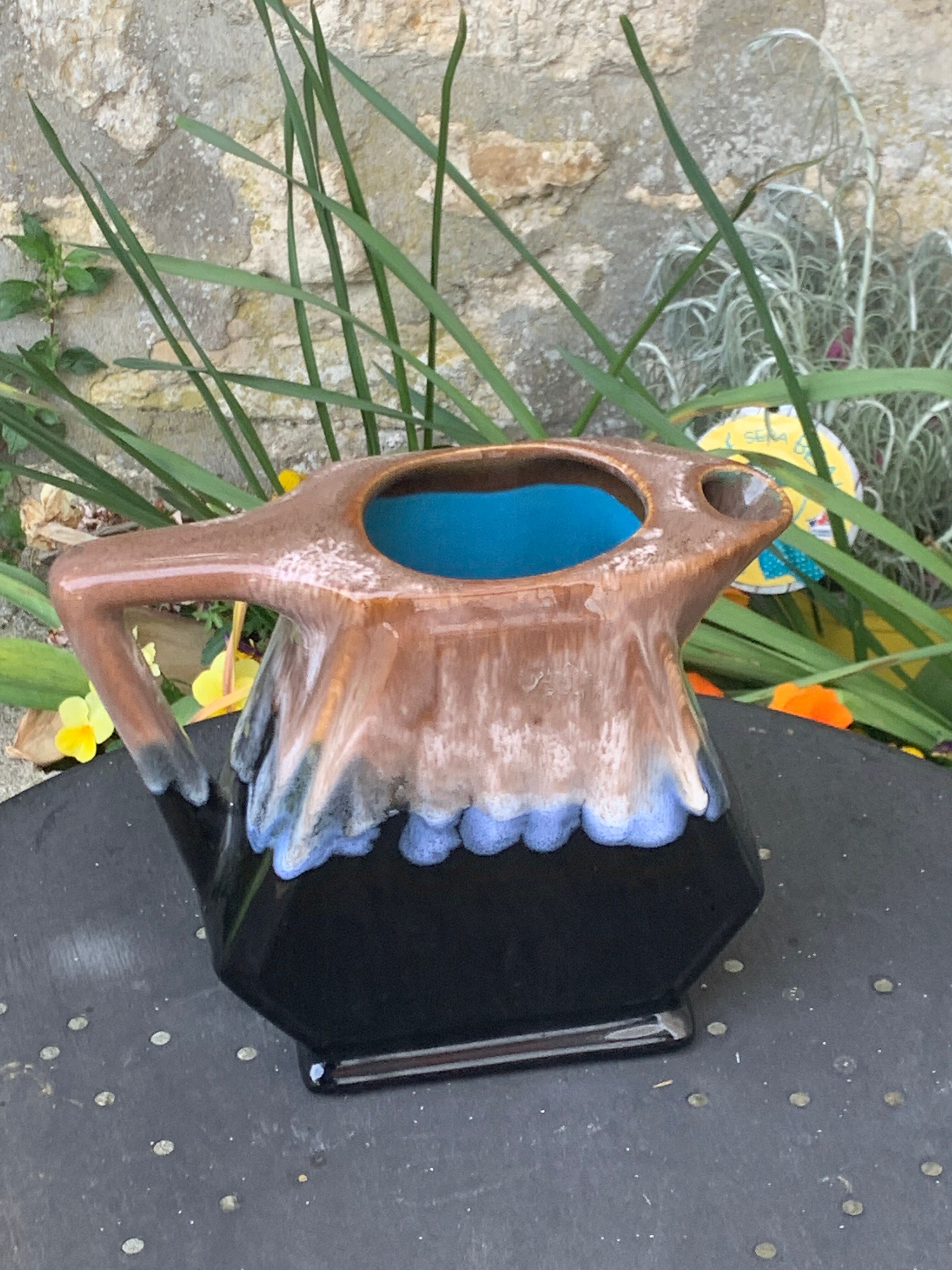 Decanter pitcher in blue and beige glazed ceramic vintage