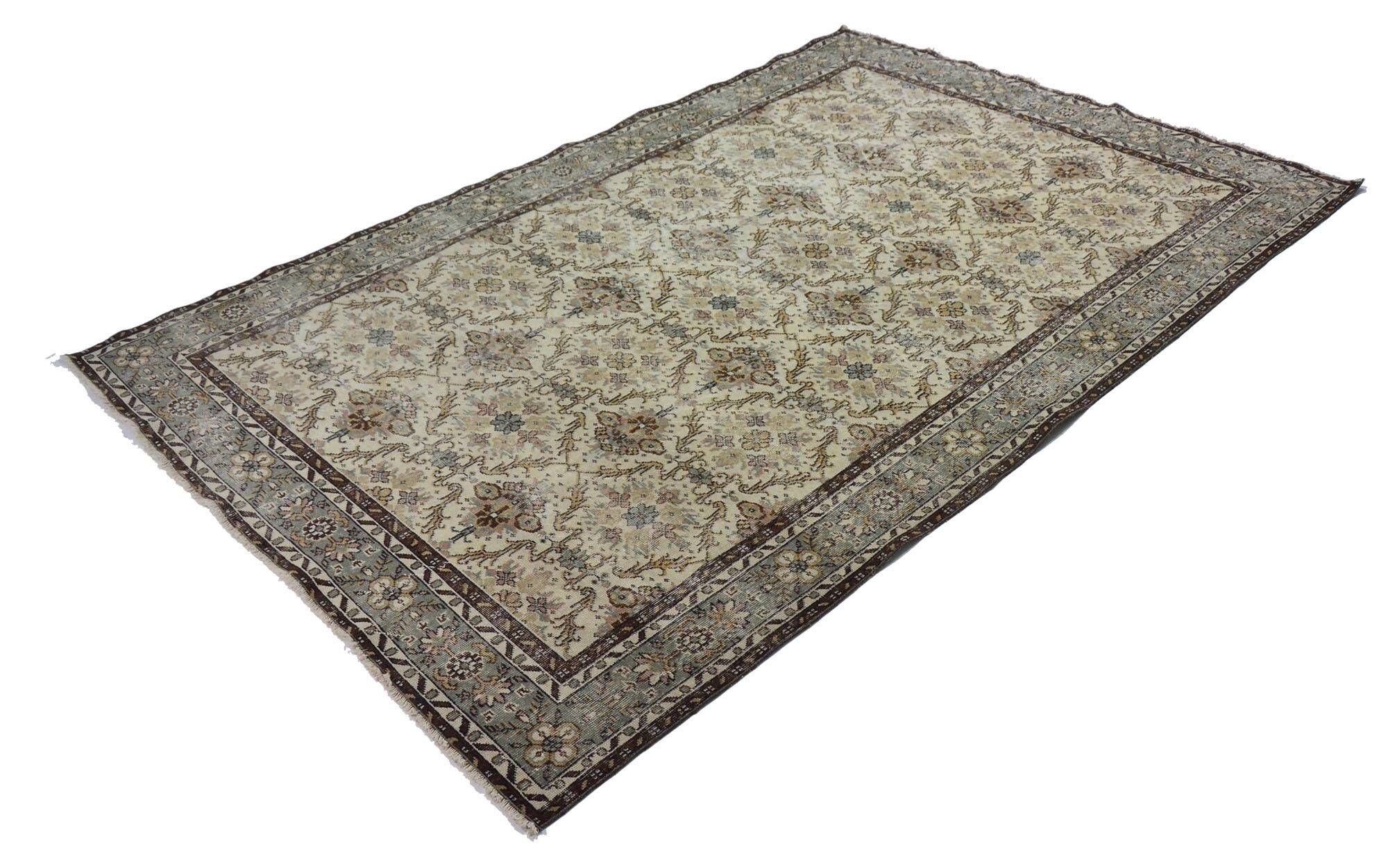 Large Vintage Turkish Carpet Beige Floral 320 x 210 cm