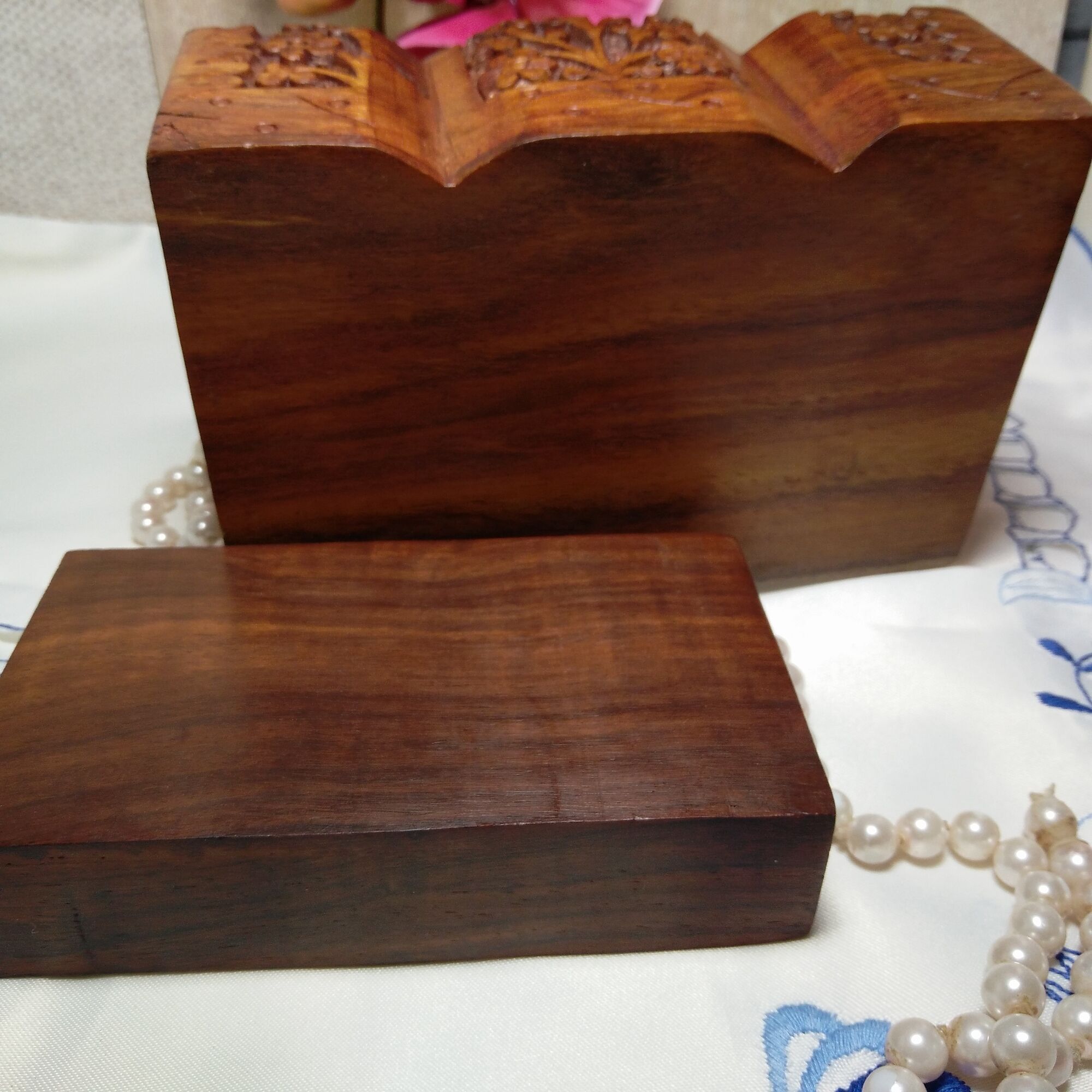 Ancient wooden jewelry box with mirror, engravings and brass décor,Asia India