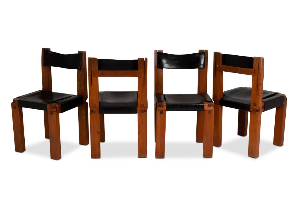 Pierre Chapo. Series of 8 "S11" chairs in elm and leather. 1960s-70s.