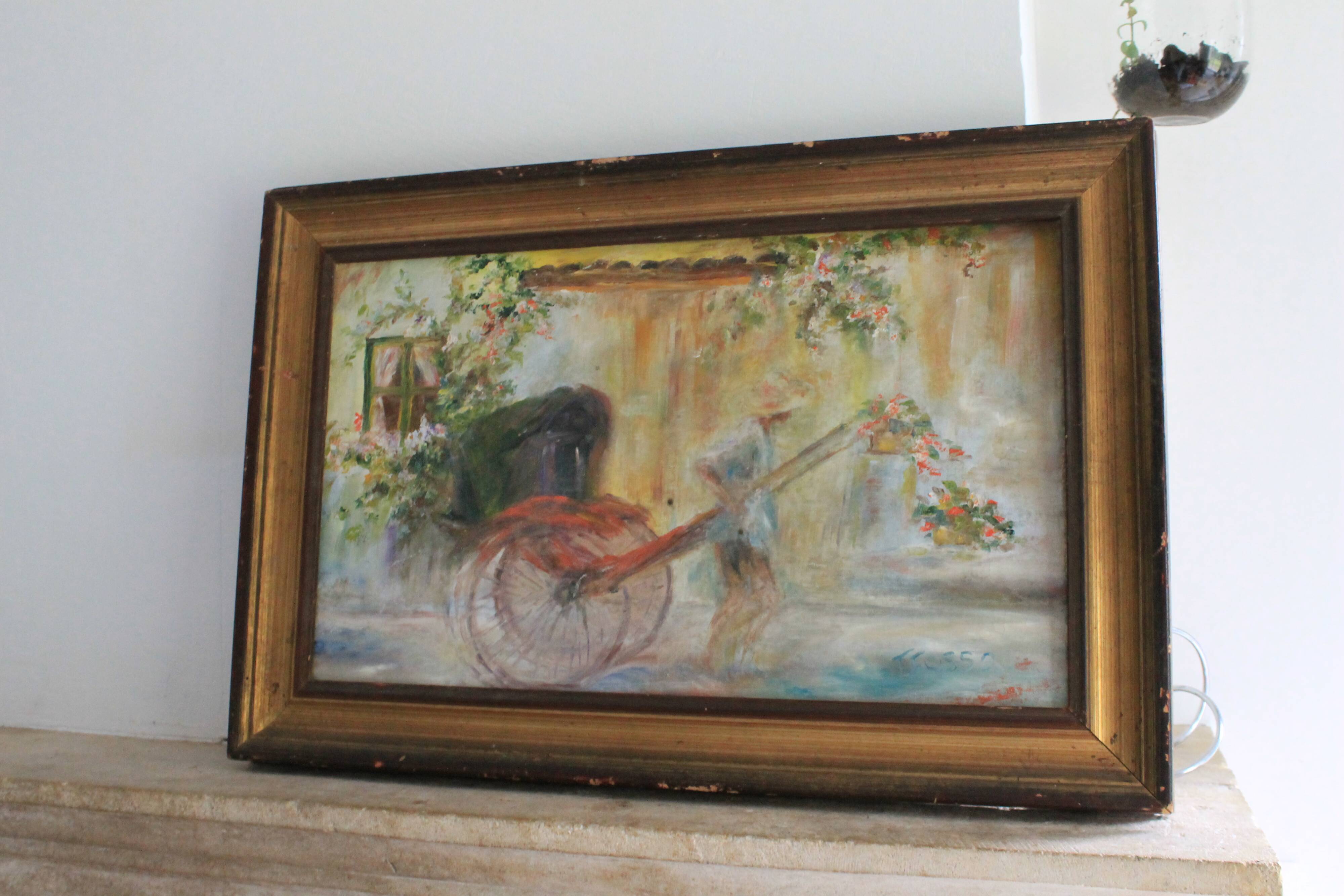 Oil on canvas signed F. Fosso, depicting a man pulling a cart.