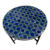 Table basse ronde en zellige bleu et vert – mosaïque artisanale marocaine