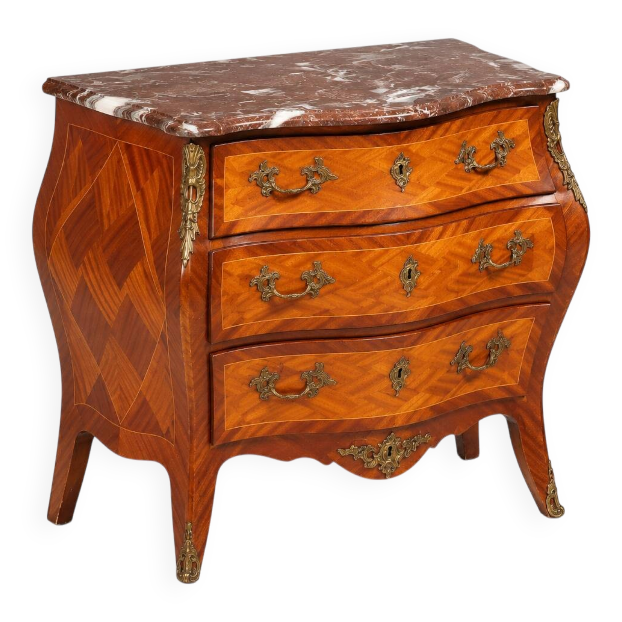 Marquetry Chest of Drawers — Mixed-Wood Veneer, Brass Mounts & Marble Top