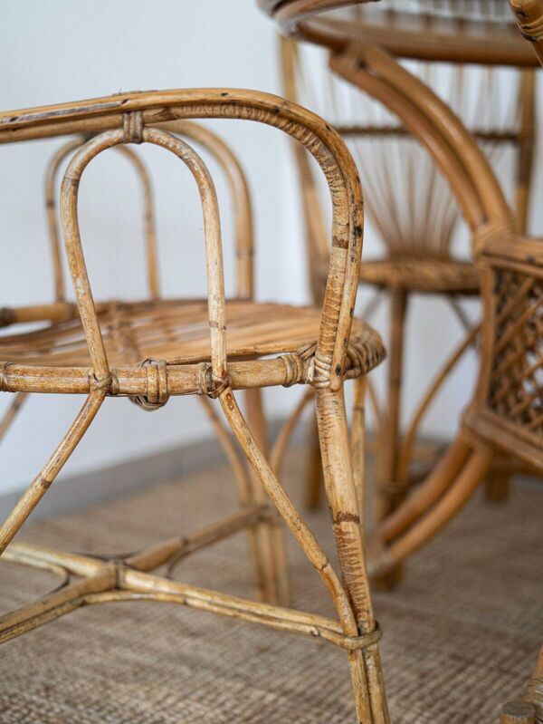 Ensemble table et chaises en rotin années 70