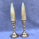 Vintage Set of 2 Brass Candle Holders with Antique Candles, Elegant Home Decor