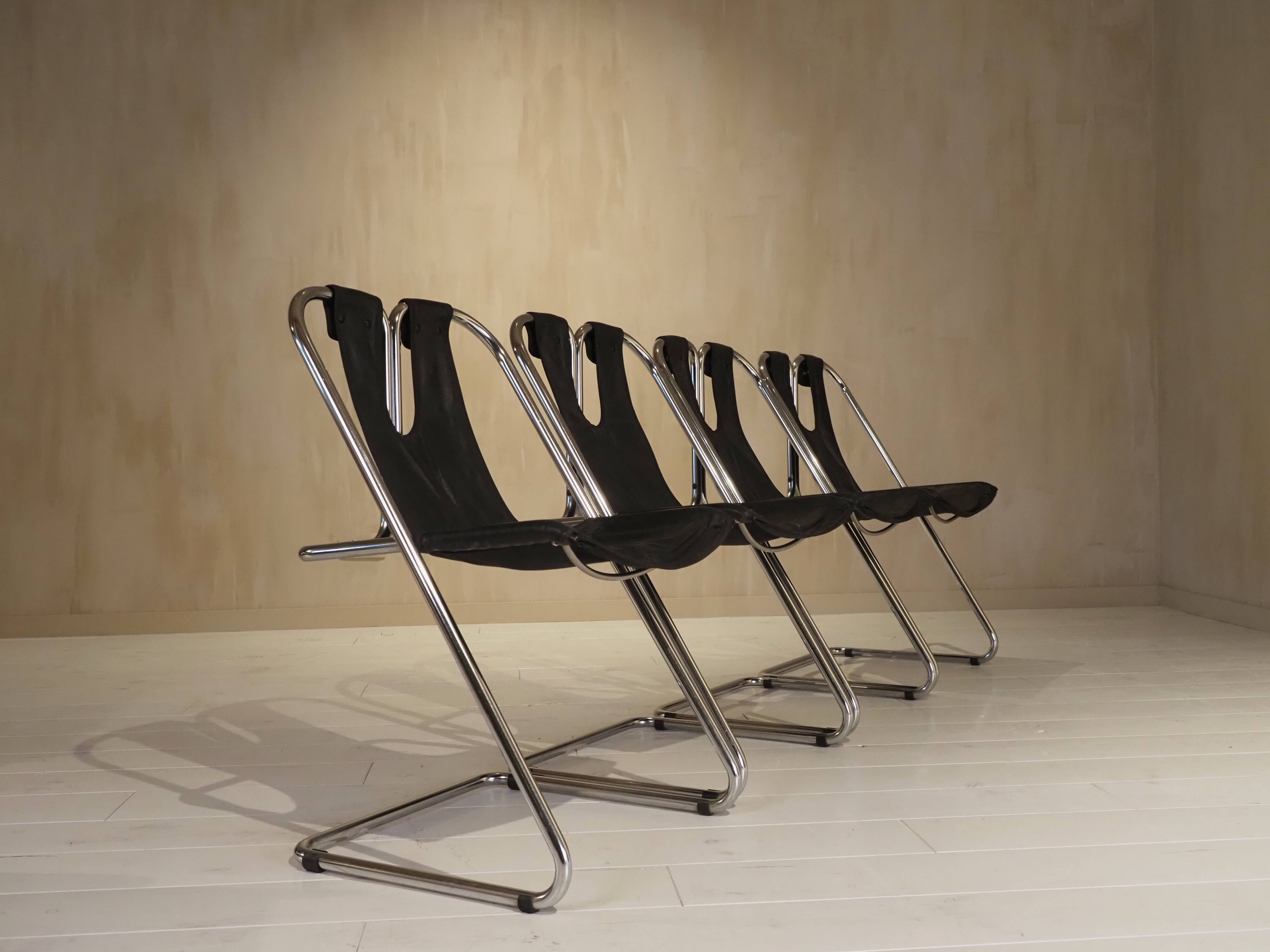 Set of 4 leather and chrome chairs from the 1960s