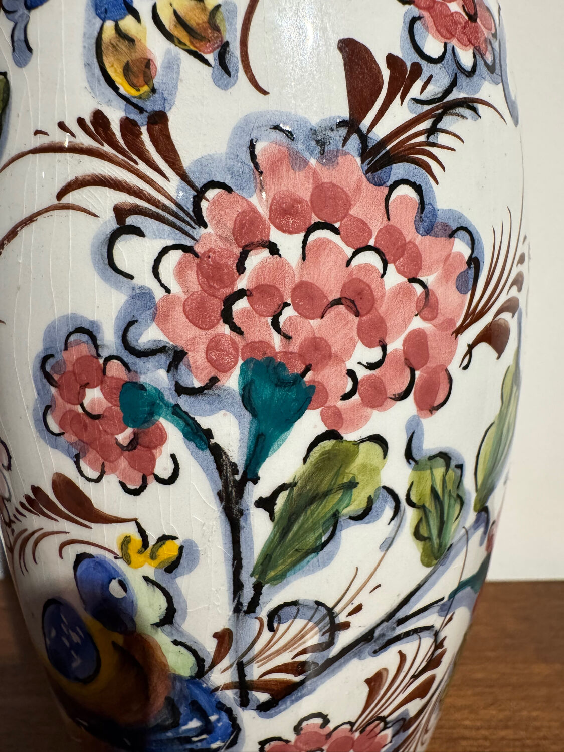 Glazed earthenware vase – floral and bird decoration –
