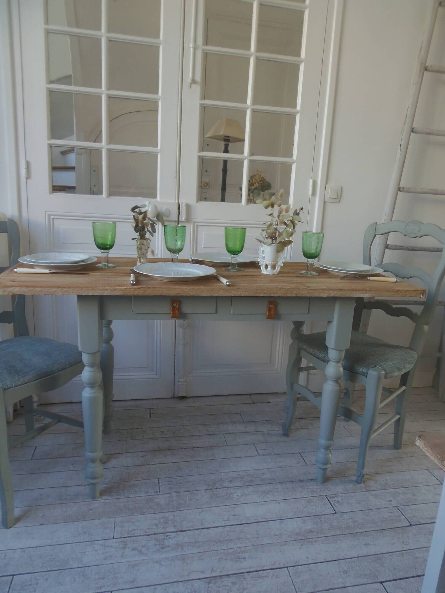 Vintage farm table, base and belt re-enchanted in verdigris, wooden top.