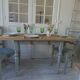 Vintage farm table, base and belt re-enchanted in verdigris, wooden top.