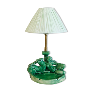 lampe Art Déco en céramique verte femme allongée et chamois - Abat jour plissée 1930 et vide poche