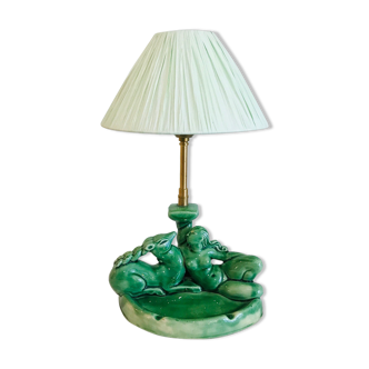 Art Deco lamp in green ceramic elongated woman and chamois - Pleated lampshade 1930 and empty pocket